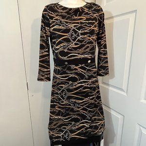 C. Wonder Women's M Boatneck 3/4 Sleeve Belt Chain Print Dress Black Brown NWT